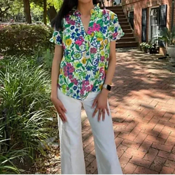 Elliott Lauren colorful floral linen blend pullover office career top M - Picture 3 of 9